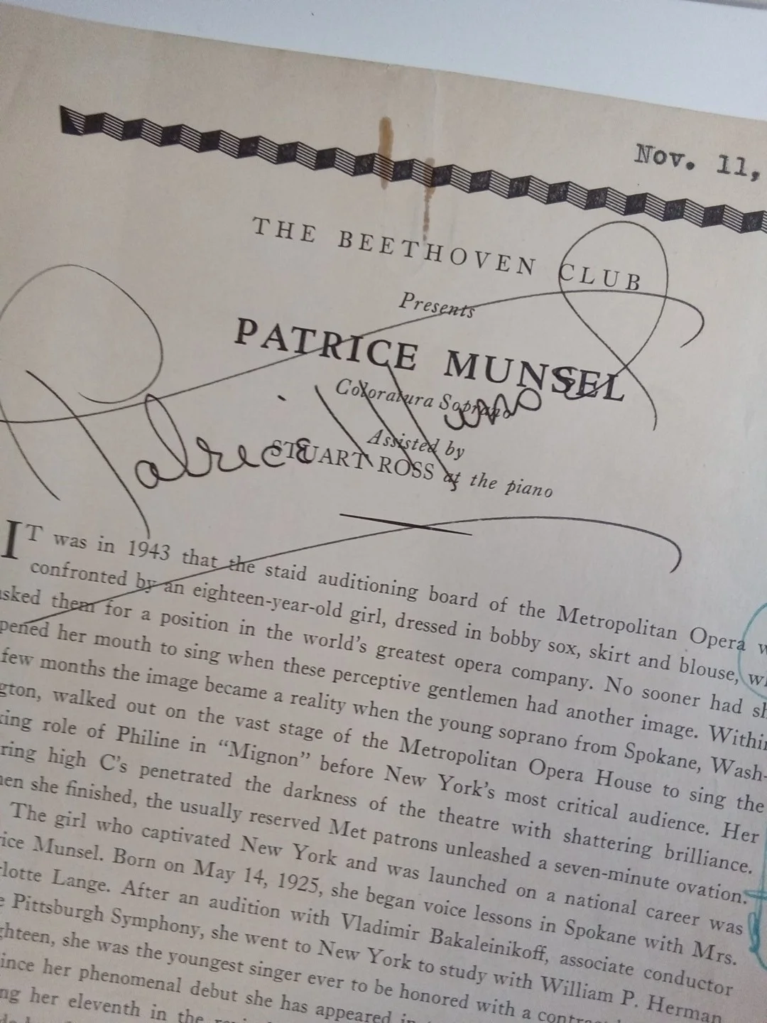 Patrice Munsel & Stuart Ross Metropolitan Opera Soprano Signed Program JSA, image 3