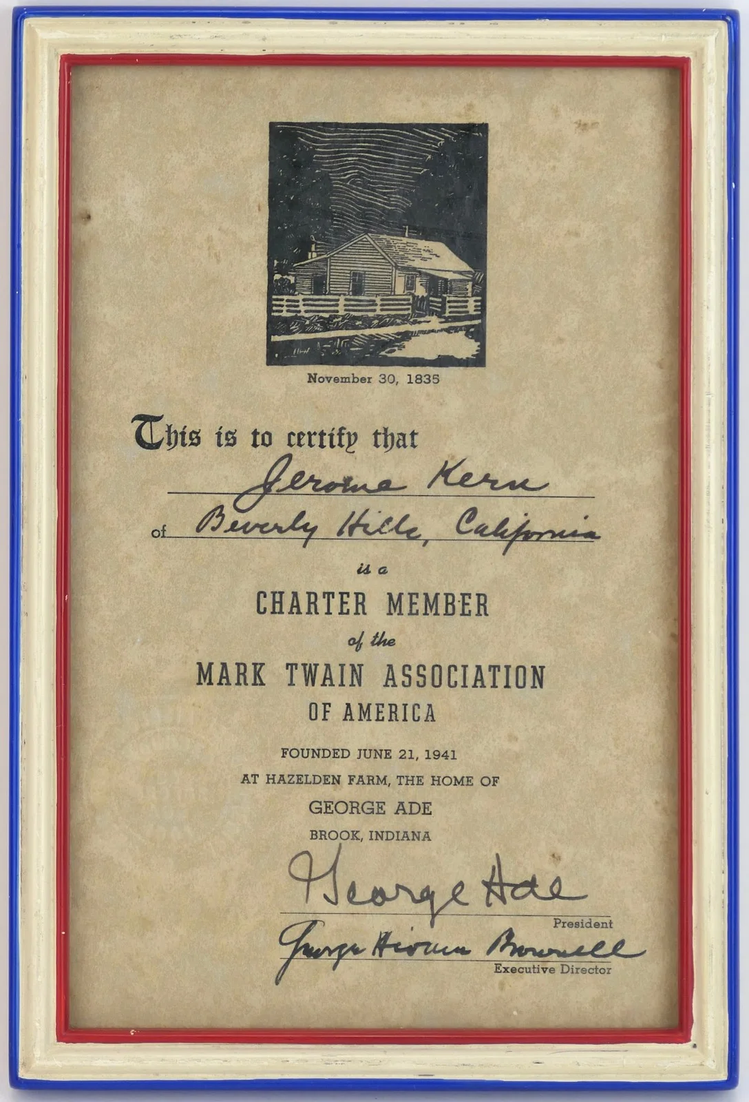 JEROME KERN'S Mark Twain Association Membership Certificate signed George Ade, image 2