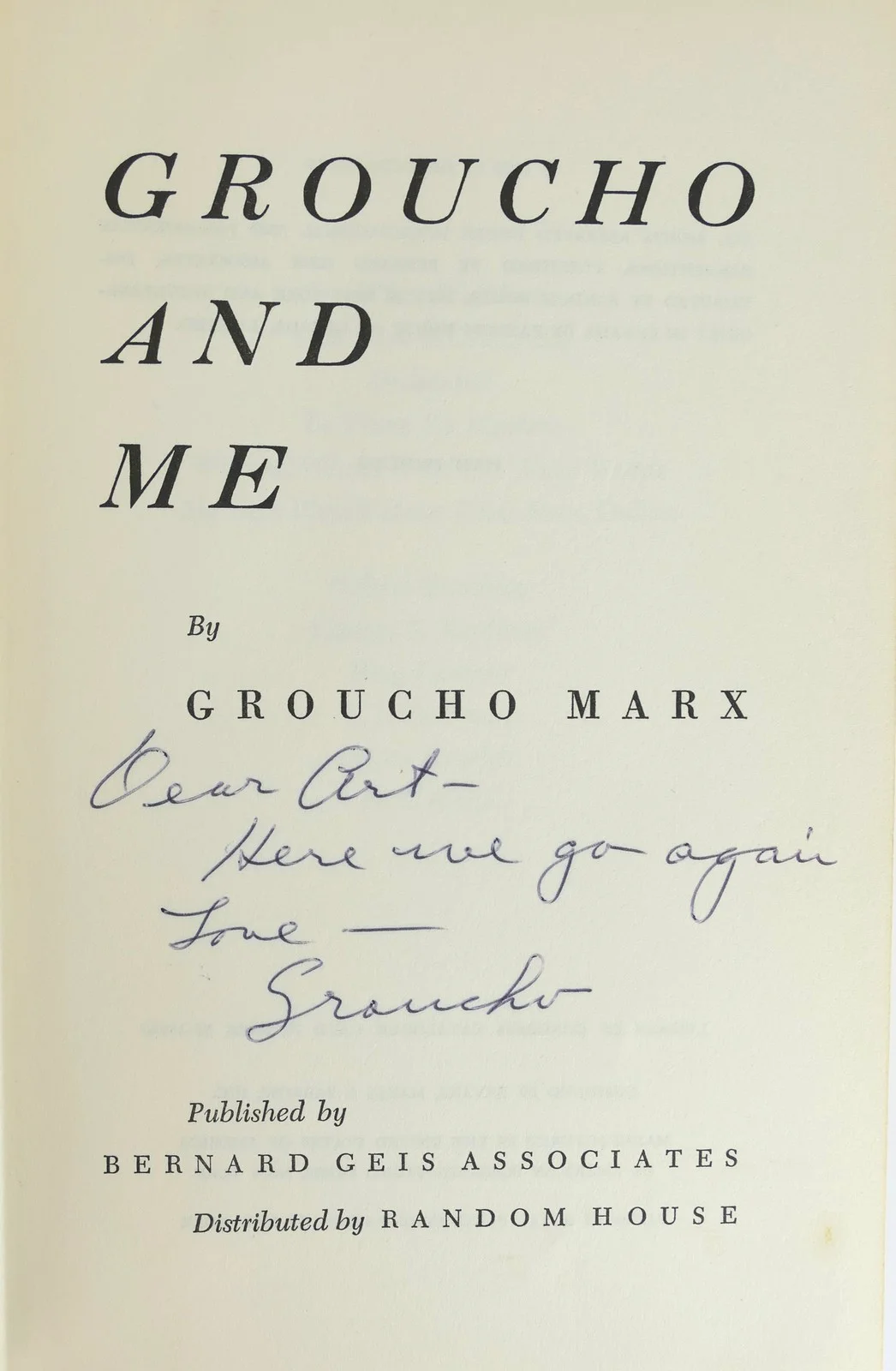 MARX, Groucho.: "Grucho And Me" Signed First Edition Inscribed to Son, image 2