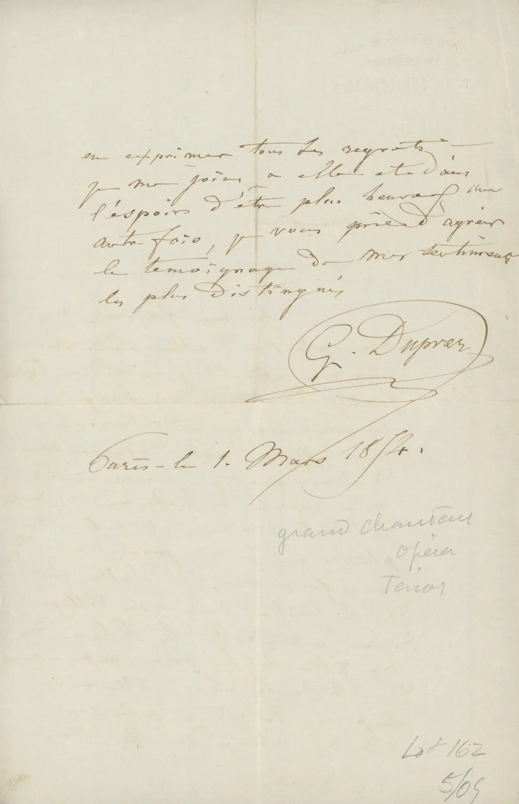 DUPREZ, Gilbert. (1806–1896): Autograph Letter Signed, image 2