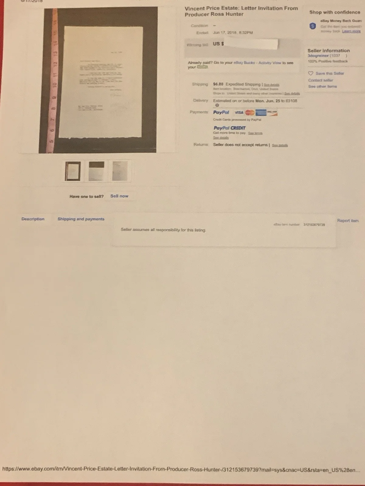 Ross Hunter — Vincent Price Estate Typed Signed Letter from Actor/Producer Ross Hunter! 14f, изображение 4