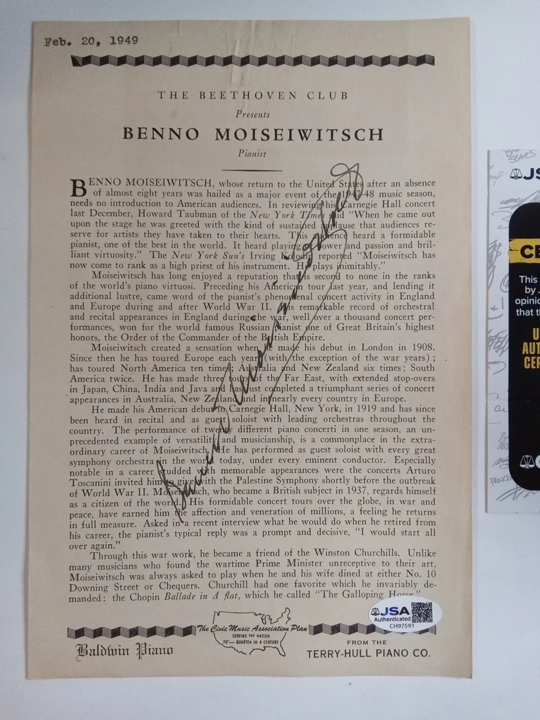 Benno Moiseiwitsch Signed Program Classical Pjanist Rachmanioff JSA, изображение 2