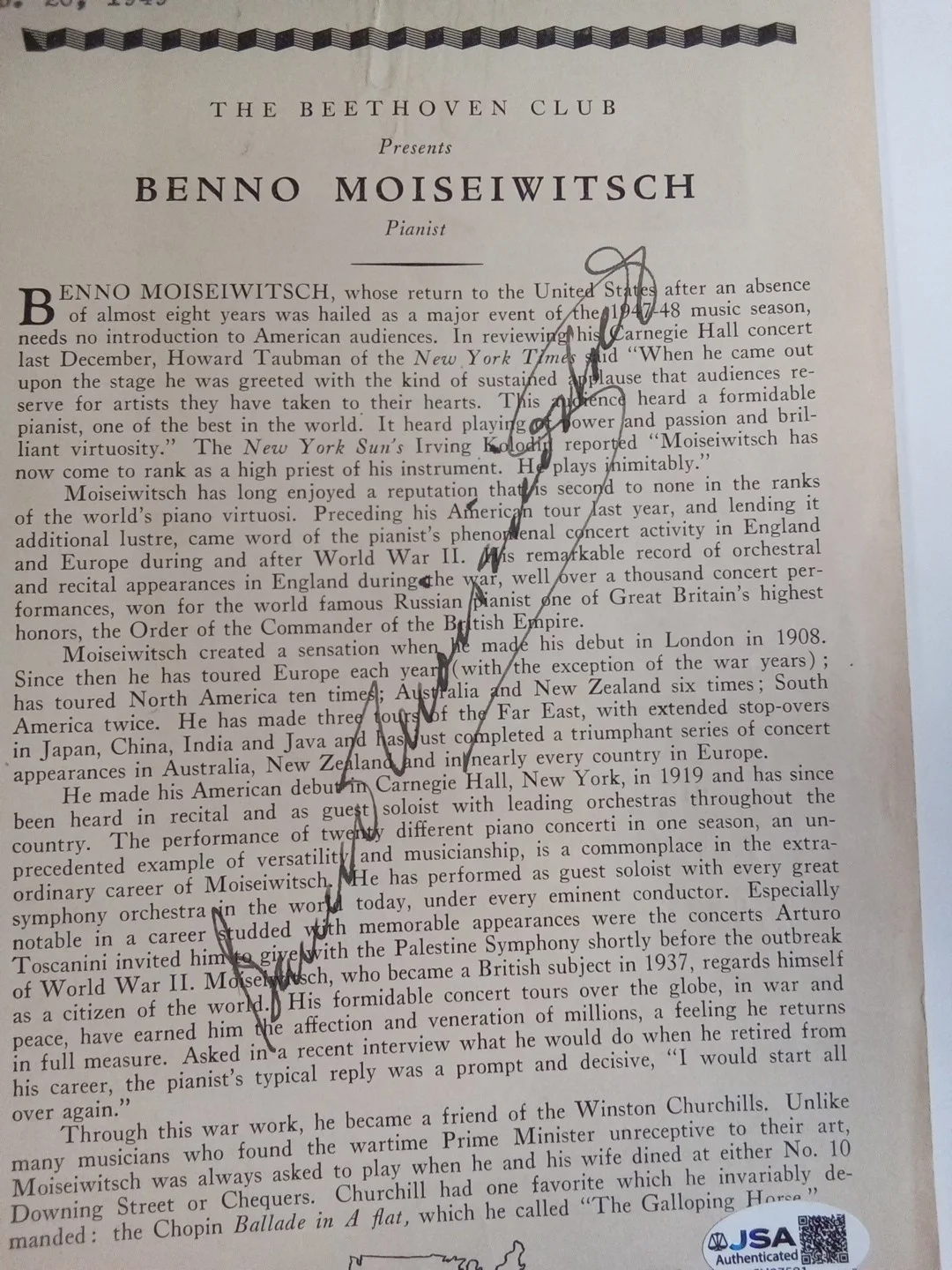Benno Moiseiwitsch Signed Program Classical Pjanist Rachmanioff JSA, изображение 4