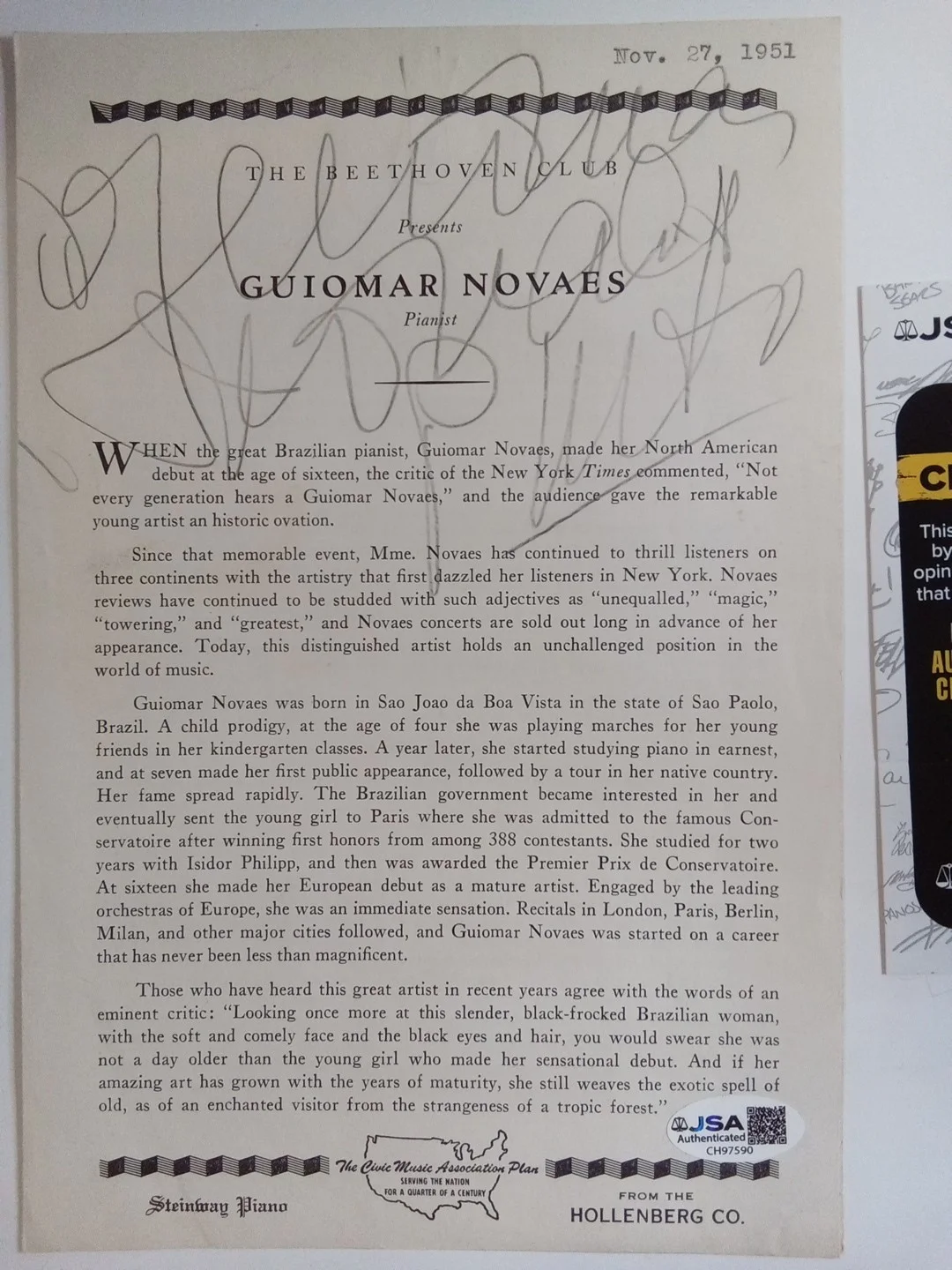 Guiomar Novaes Signed Concert Program Brazilian Pianist Chopin Legend JSA, image 2