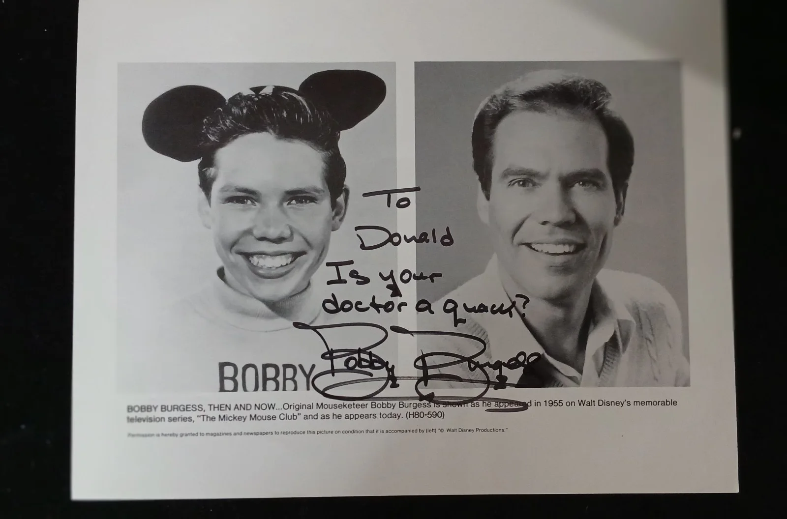 Bobby Burgess — 8x10 Signed Photo Bobby Burgess Mouseketeer Then and Now "To Donald Duck"