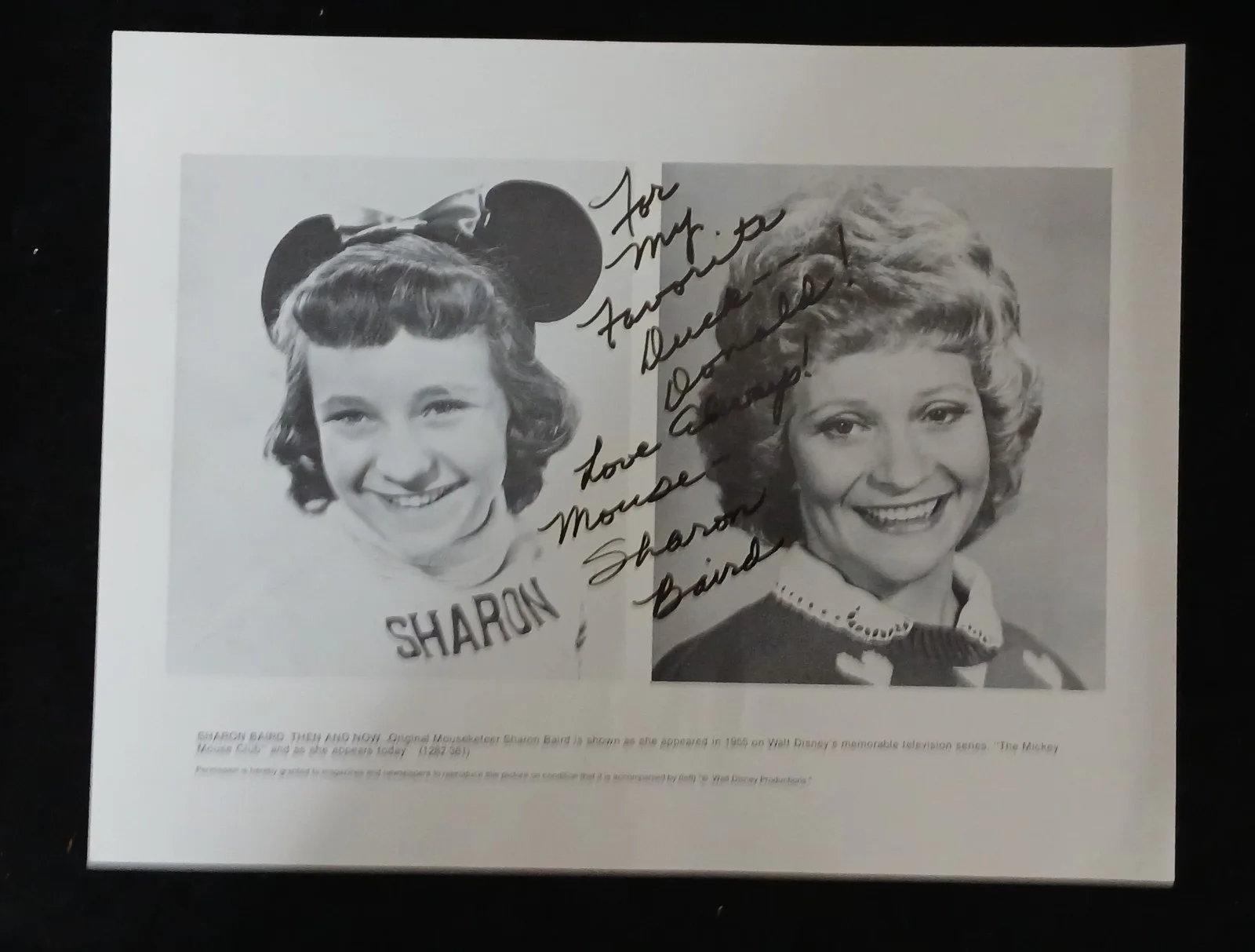 Sharon Baird — 8x10 Signed Photo Sharon Baird Mouseketeer Then and Now "To Donald Duck"
