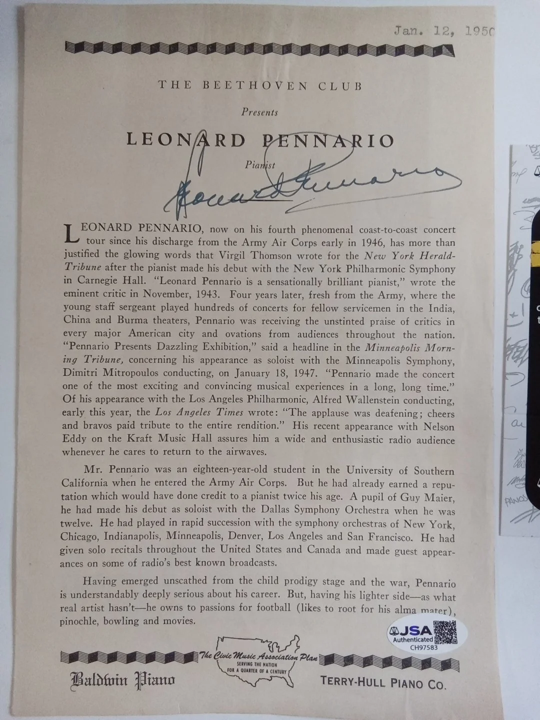 Leonard Pennario Signed Concert Program Classical Pianist JSA, image 2
