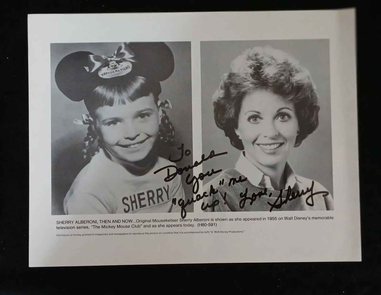 Sherry Alberoni — 8x10 Signed Photo Sherry Alberoni Mouseketeer Then and Now "To Donald Duck"