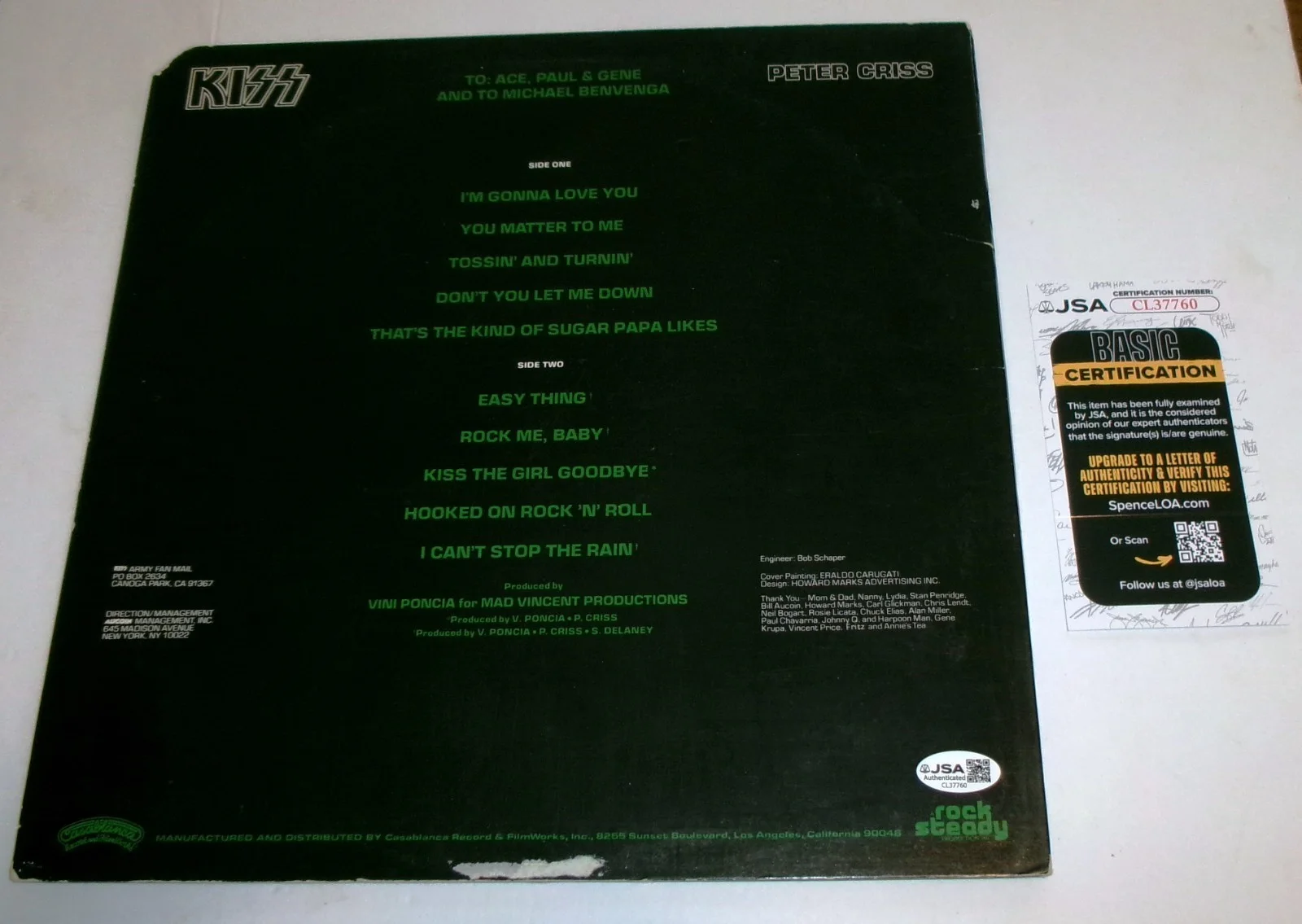 FRAMED Peter Criss Solo 1978 Album LP SIGNED JSA CERT Cut Right Corner, image 2