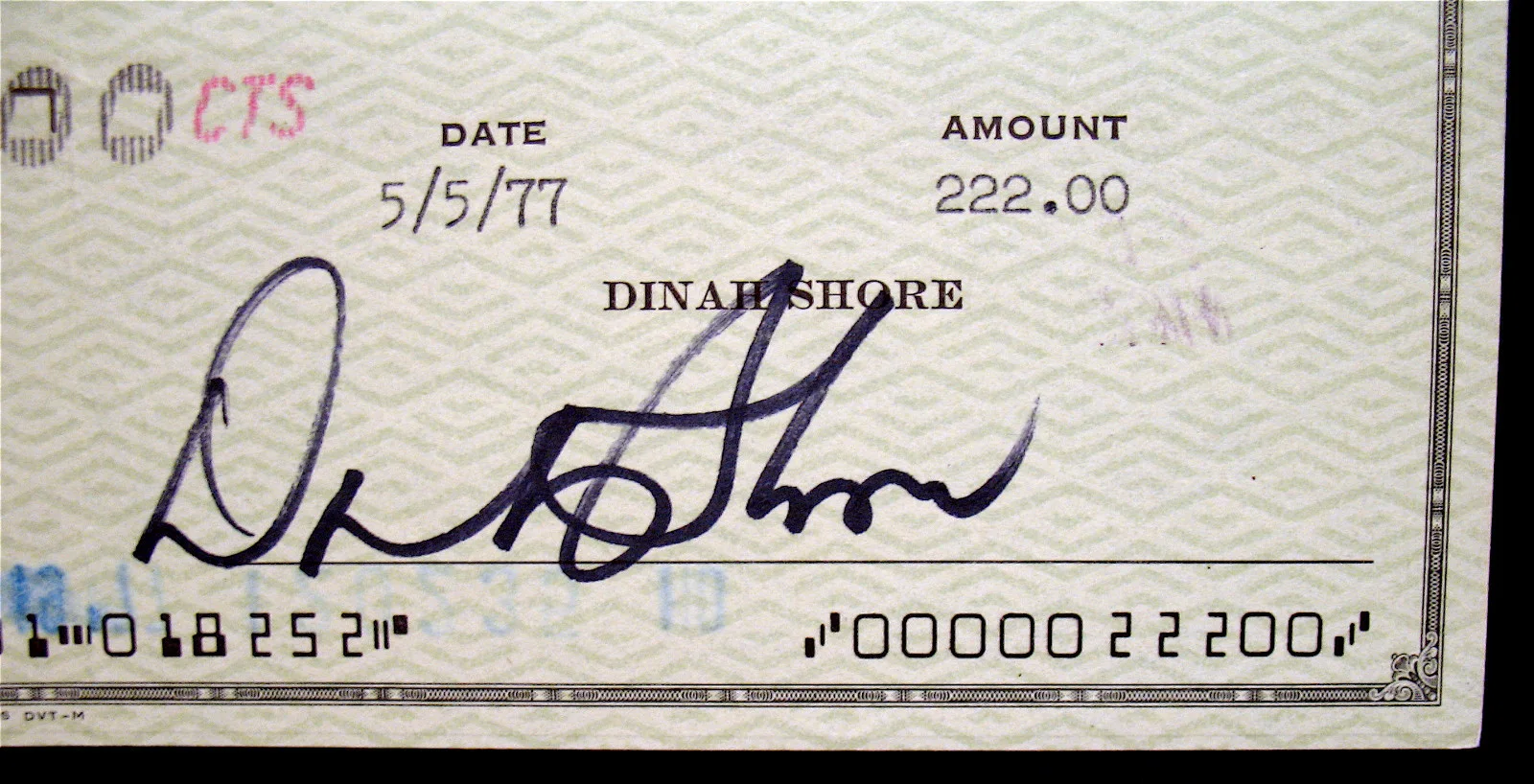 DINAH SHORE-Rare Signed Check From 1977-Payable To AFTRA-Hollywood Talk Show, изображение 2