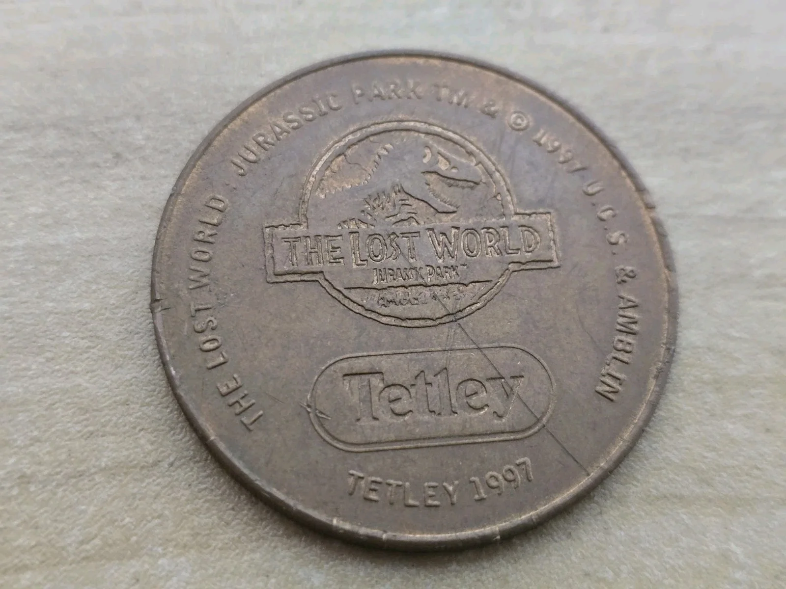 Lost World Jurassic Park Coin No.5 Parasaurolophus 1997 Tetley Dinosaur Coin., изображение 2