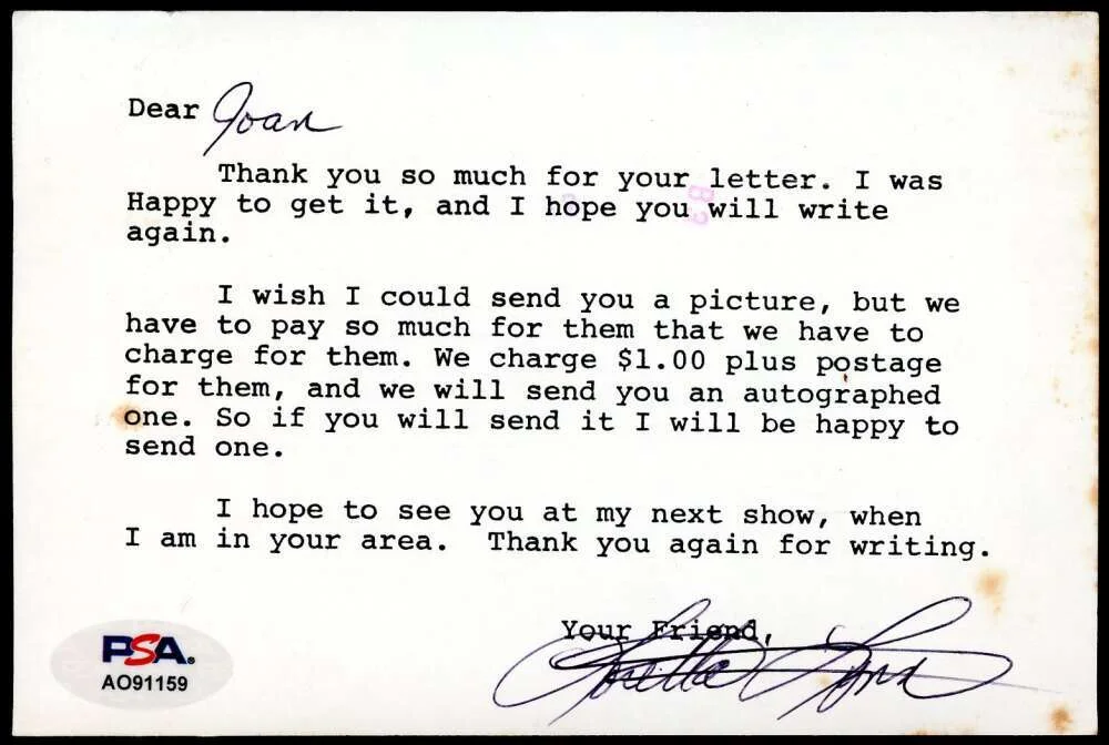 Loretta Lynn — Loretta Lynn PSA DNA Signed 1977 4x6 Fan Club Postcard Autograph