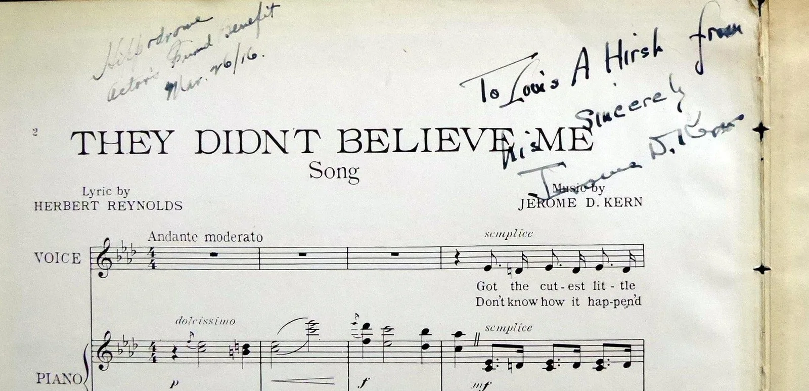 Jerome KERN: "They Didn't Believe Me" - Signed Sheet Music, изображение 2