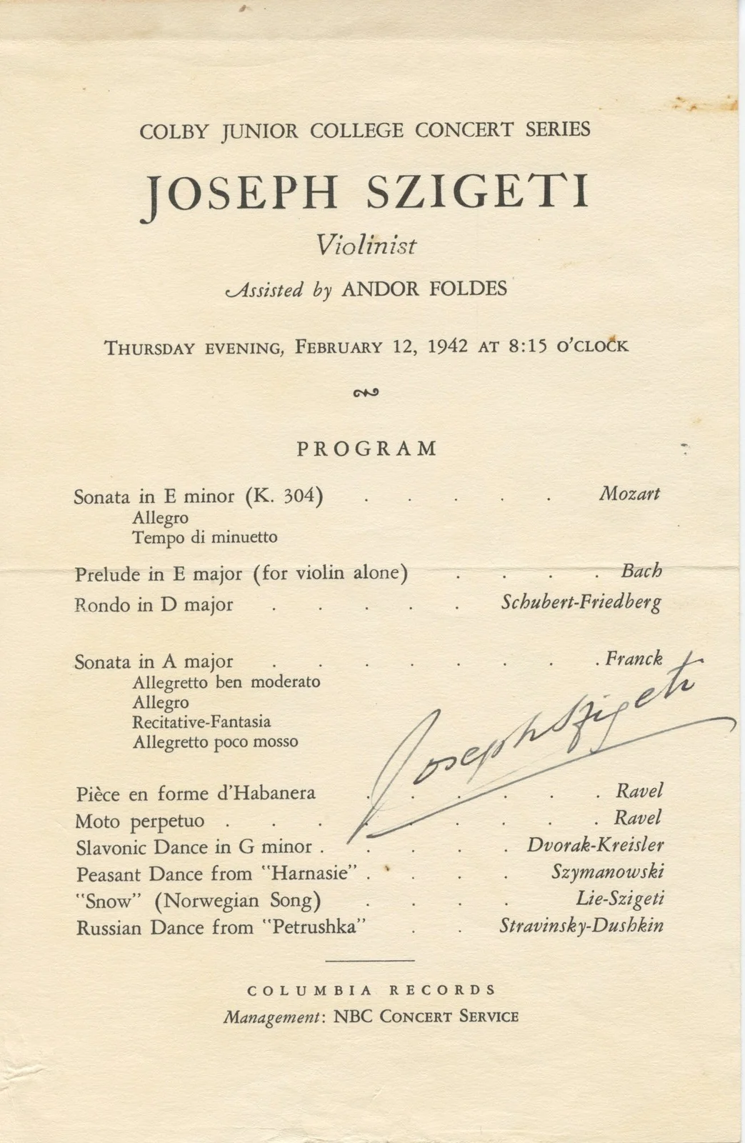 SZIGETI, Joseph. (1892–1973): Signed Program and Recital Concert Flyer, image 3