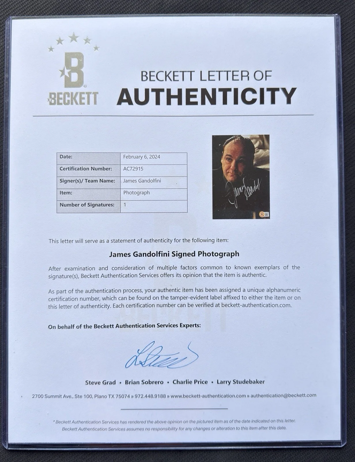 James Gandolfini Full Signature 8x10 Photo Tony Soprano Beckett BAS LOA Rare, изображение 2