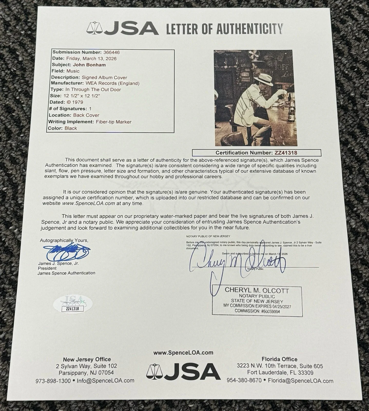 John Bonham Signed Auto In Through The Out Door Led Zeppelin Album Vinyl JSA LOA, изображение 5