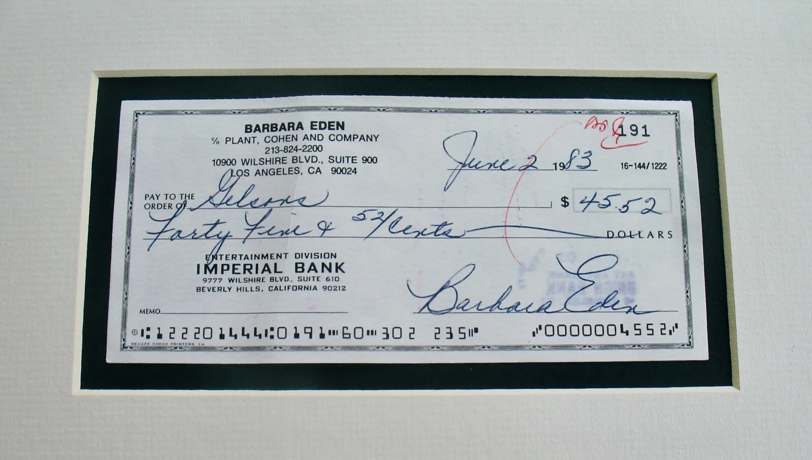 Barbara Eden — BARBARA EDEN~Autographed Check & Photograph Matted Display~I DREAM OF JEANNIE, image 2
