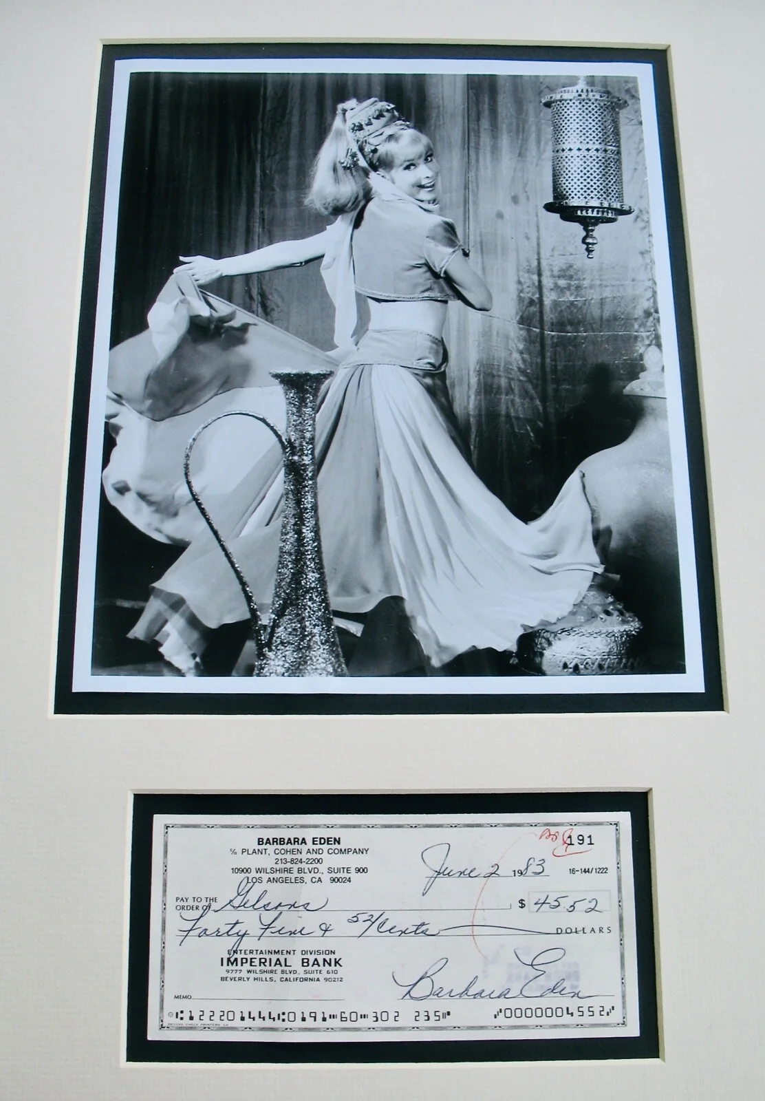 Barbara Eden — BARBARA EDEN~Autographed Check & Photograph Matted Display~I DREAM OF JEANNIE, image 3