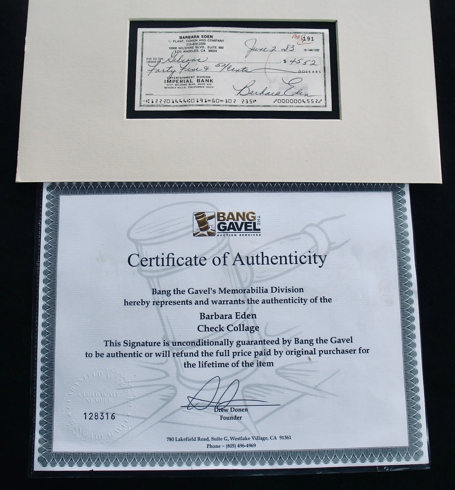 Barbara Eden — BARBARA EDEN~Autographed Check & Photograph Matted Display~I DREAM OF JEANNIE, image 4
