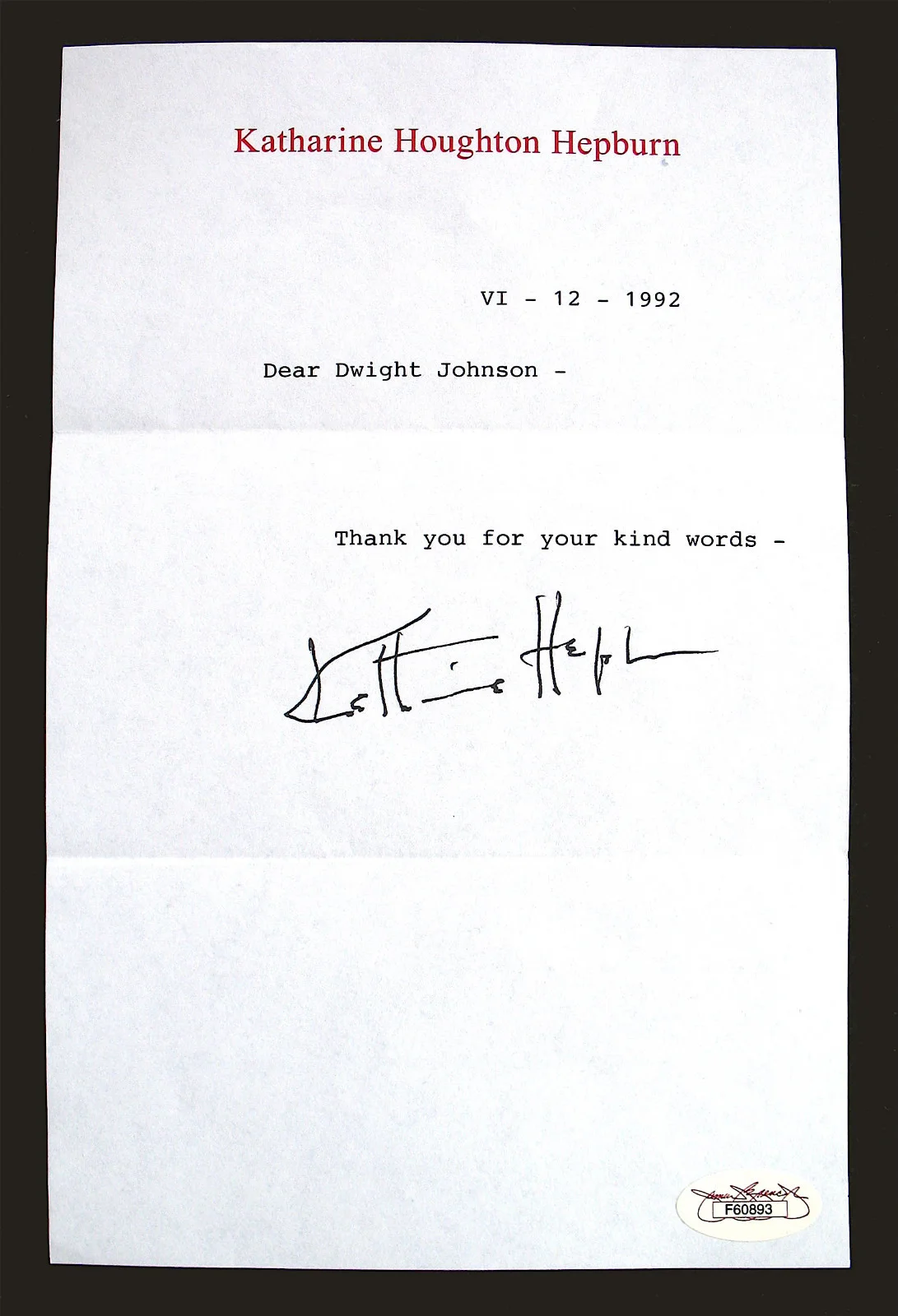 KATHARINE HEPBURN — KATHARINE HEPBURN-Rare Autographed Letter On Personal Letterhead-Starlet-JSA COA, изображение 2