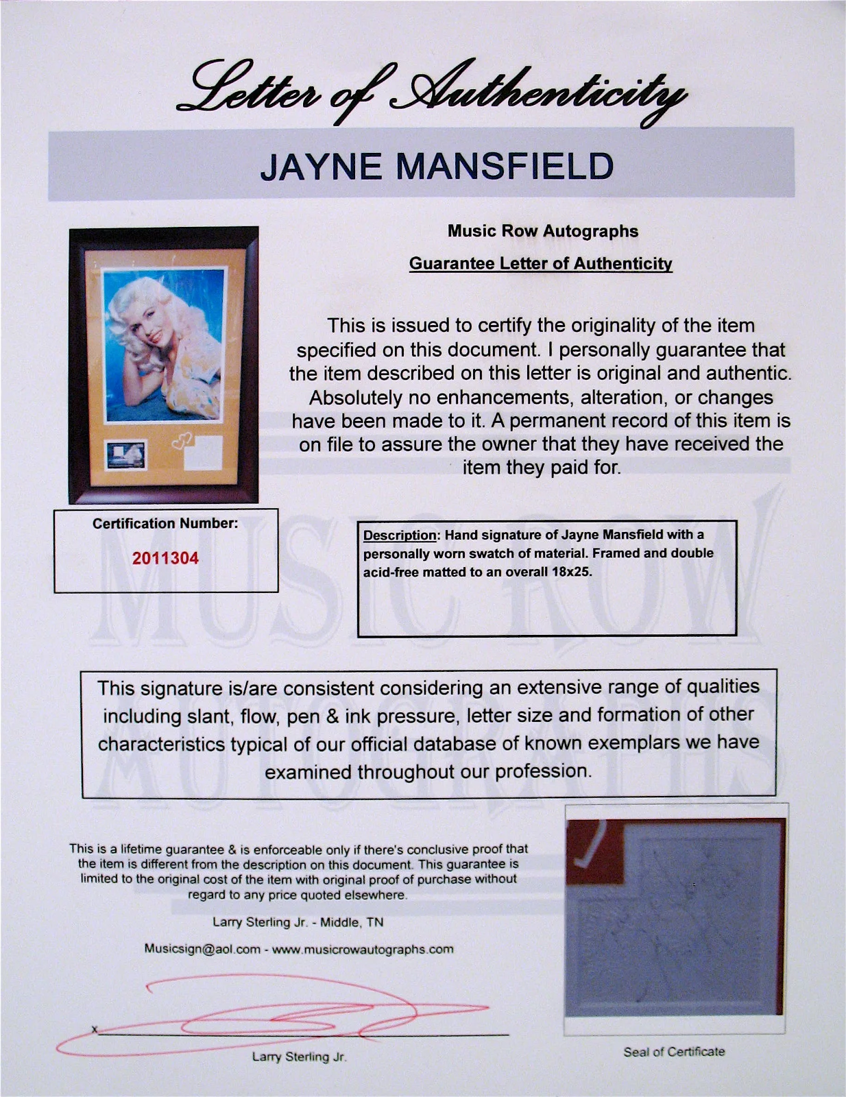 Jayne Mansfield — JAYNE MANSFIELD-Very Rare Autographed Framed Photo Display-Actress-Pinup-COA, image 5