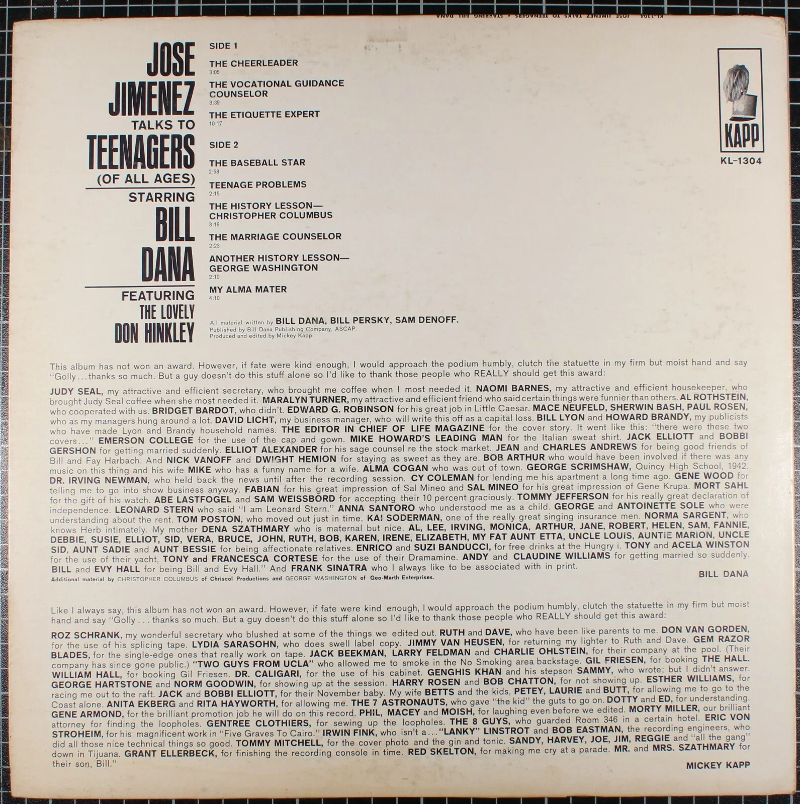Comic Bill Dana Signed Autographed LP Record Jose Jimenez Talks To Teenagers, изображение 2