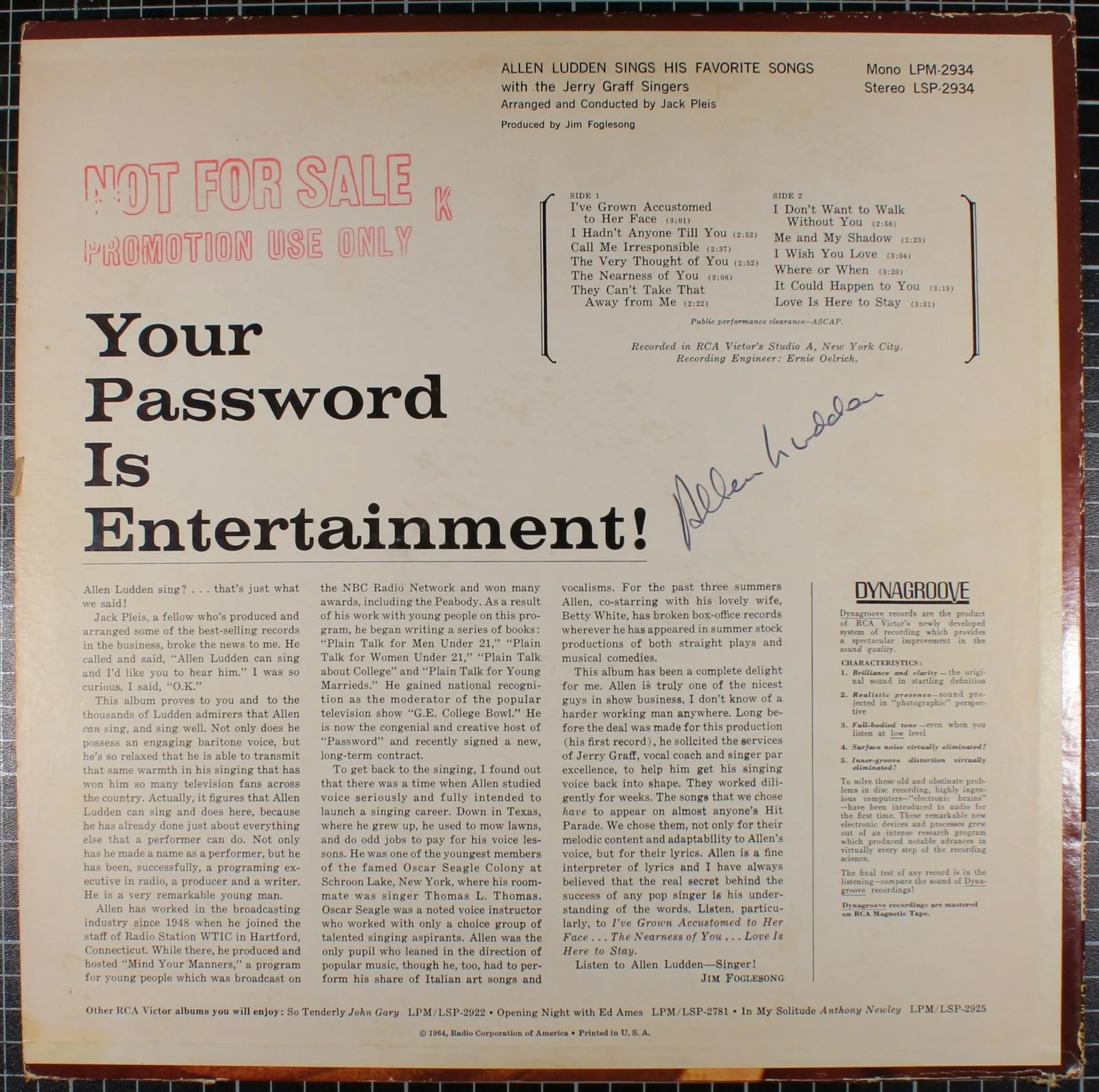 Allen Ludden — Allen Ludden Signed 1964 Mono LP - "Sings His Favorite Songs" - TV Host Password, изображение 2