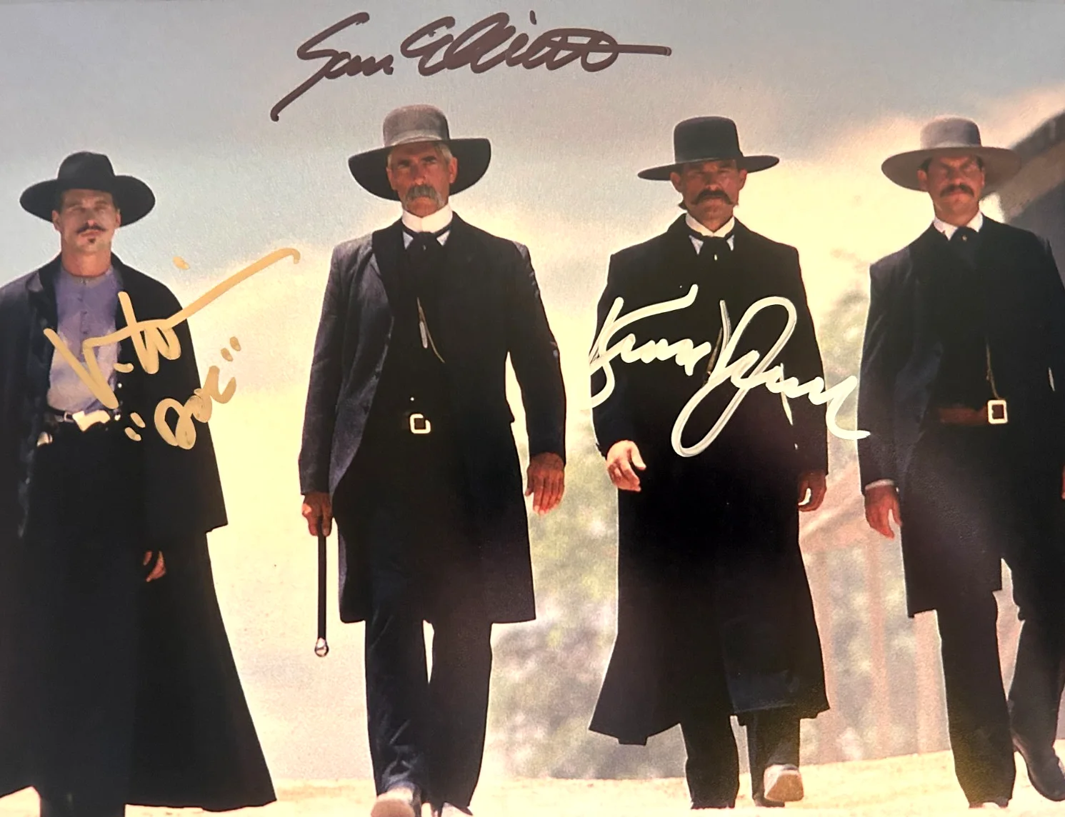 Kurt Russell, Val Kilmer, Sam Elliott — TOMBSTONE Cast Signed: Kilmer, Russell, Elliott 8x10" Authentic Autographs w/COA