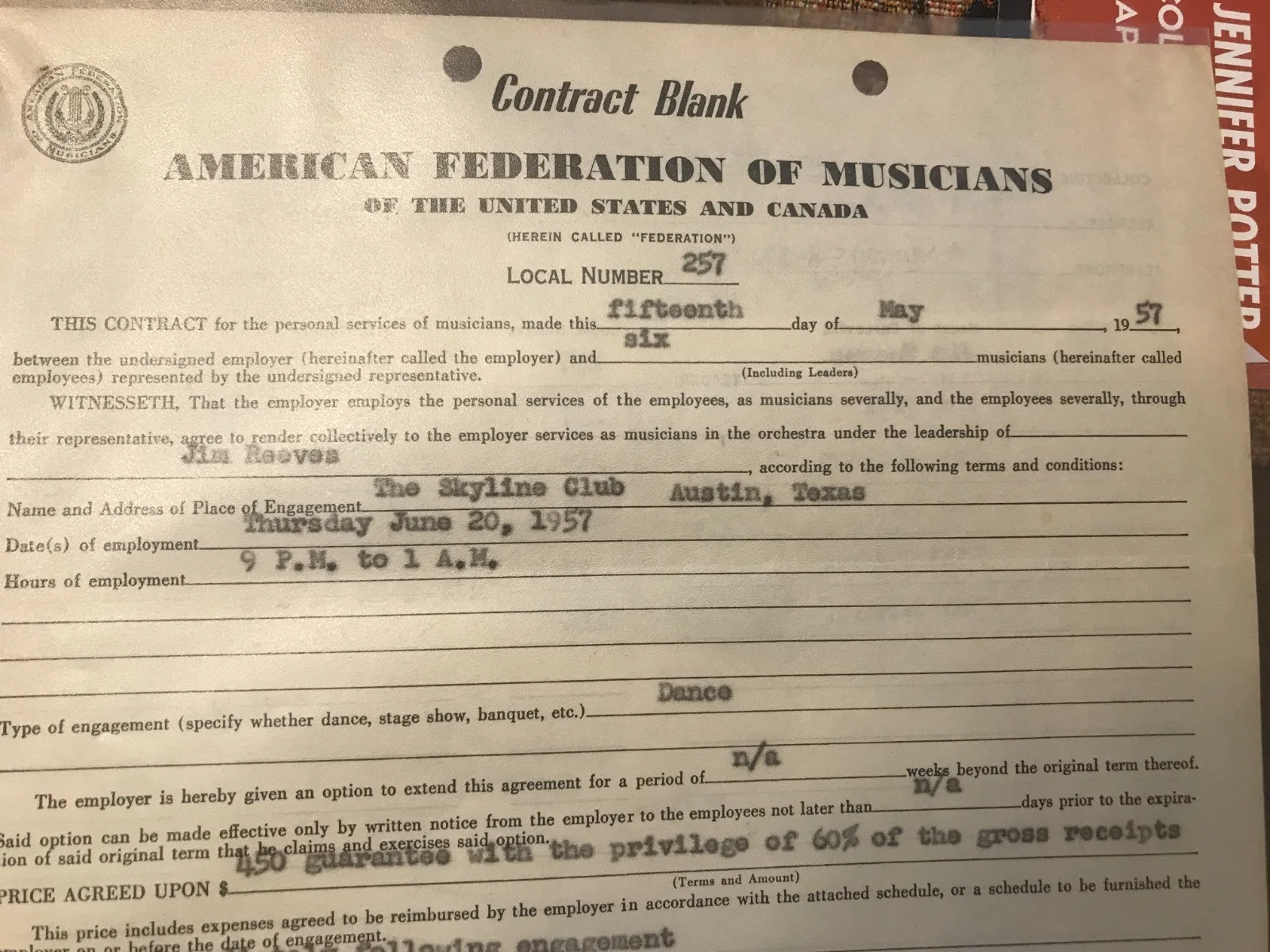 Stark Employer, Shucker — JIM "GENTLEMAN JIM" REEVES Contract American Federation Skyline Club 1957 Stark, изображение 2