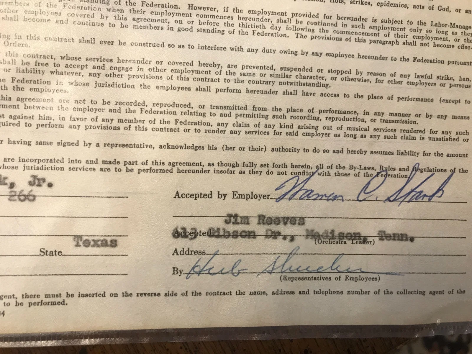 Stark Employer, Shucker — JIM "GENTLEMAN JIM" REEVES Contract American Federation Skyline Club 1957 Stark, изображение 3
