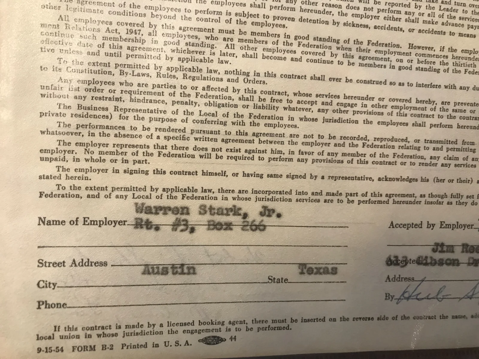 Stark Employer, Shucker — JIM "GENTLEMAN JIM" REEVES Contract American Federation Skyline Club 1957 Stark, изображение 4