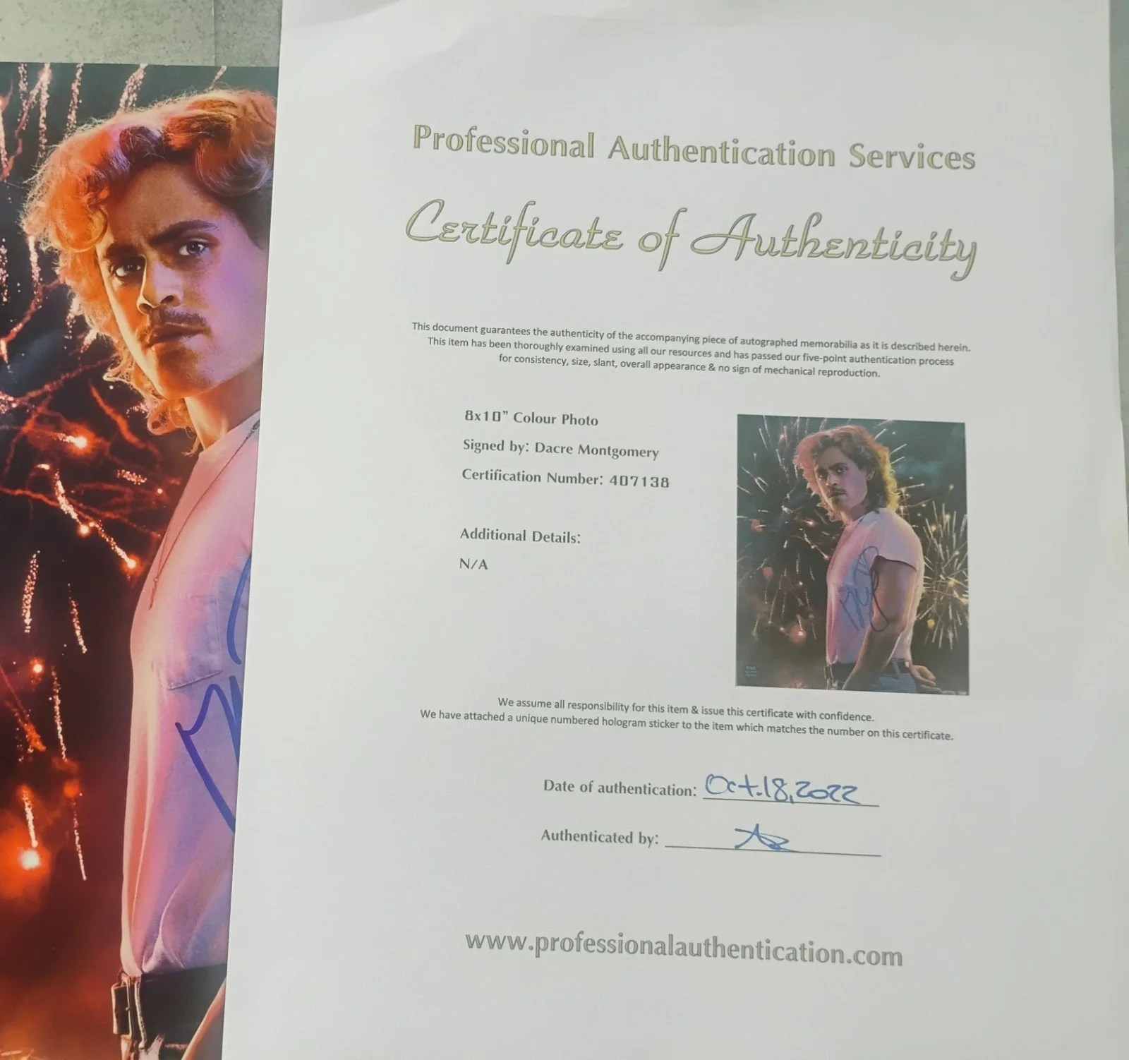 Dacre Montgomery Hand Signed 8x10 Photo COA Stranger Things NO US TARIFFS, image 4