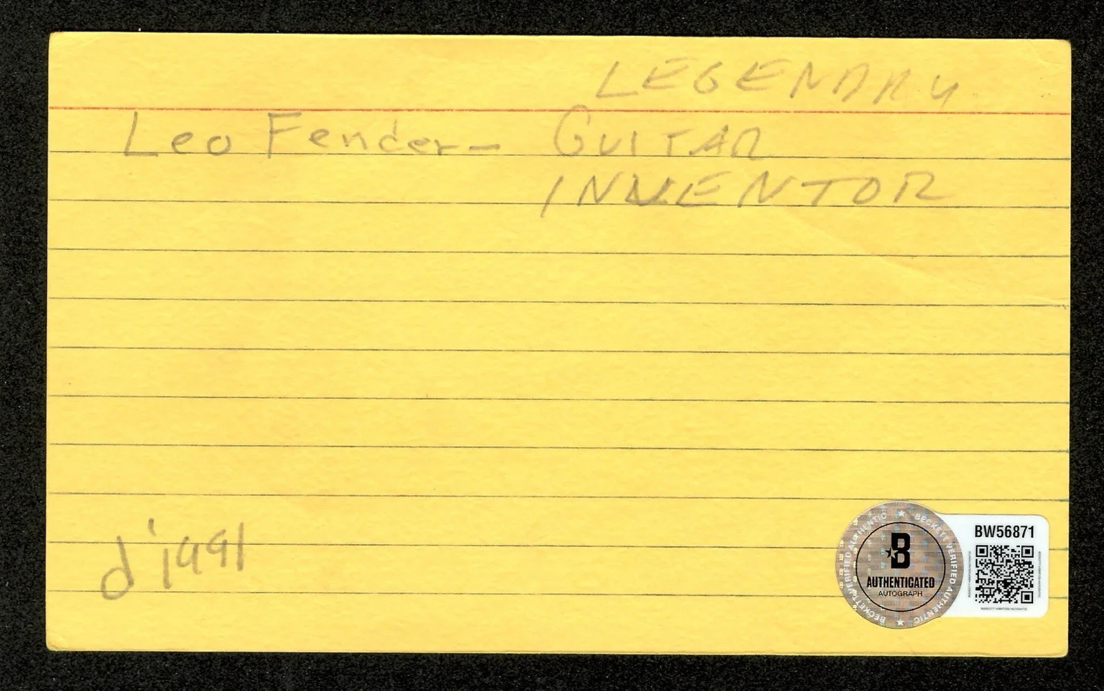 Leo Fender Signed Autographed 3x5 Card BAS Beckett Electric Guitar Inventor, image 2