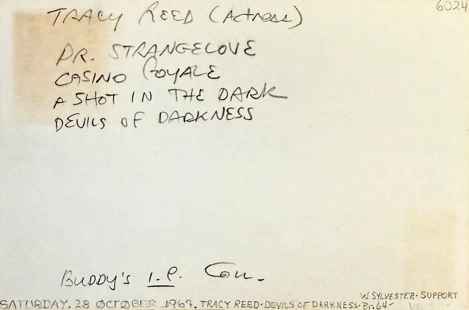 Tracy Reed — TRACY REED Signed Autographed 4x6 INDEX CARD Dr. Strangelove DEVILS OF DARKNESS, image 2