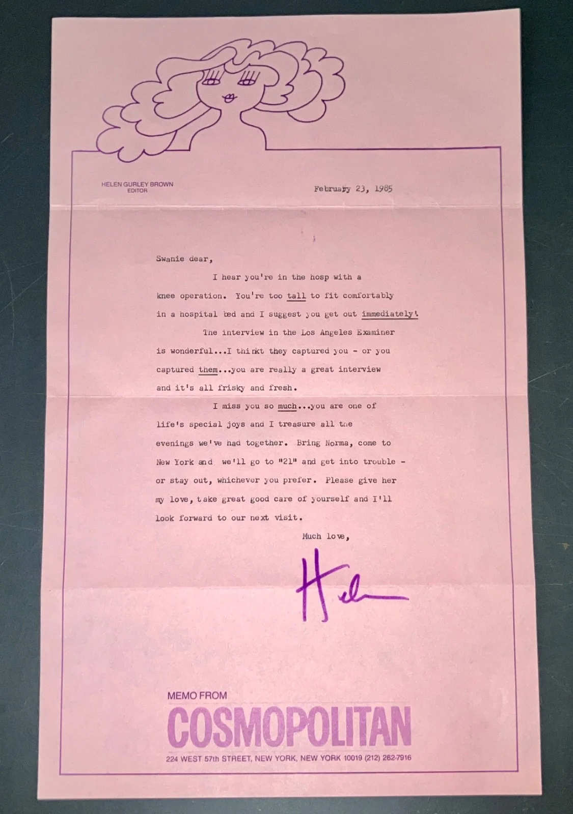 Helen Gurley Brown — Helen Gurley Brown Signed Note Cosmopolitan Editor 1985 COA