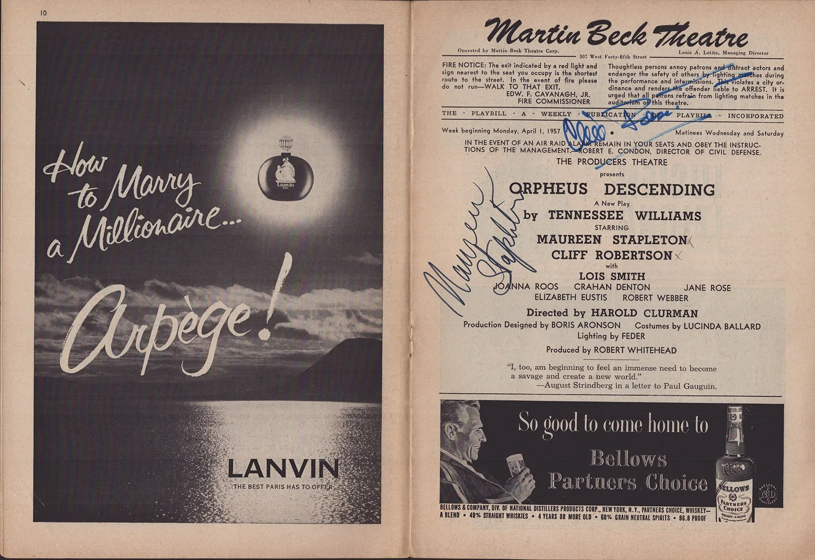 Orpheus Descending Broadway Cast, Maureen Stapleton — ORPHEUS DESCENDING BROADWAY CAST - SHOW BILL SIGNED WITH CO-SIGNERS, изображение 2