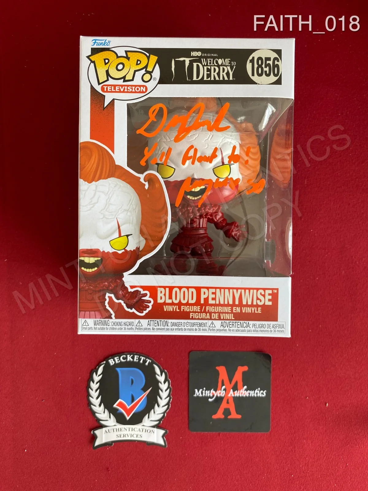 Dustin Faith — Dustin Faith signed IT: Welcome to Derry Blood Pennywise Funko Pop #1856 Beckett