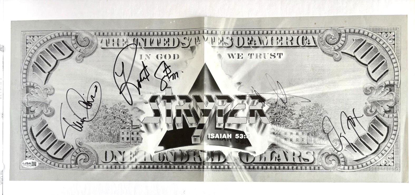 STRYPER Band Signed IN GOD WE TRUST DOLLAR BILL by All 4 JSA COA Michael Sweet, изображение 2