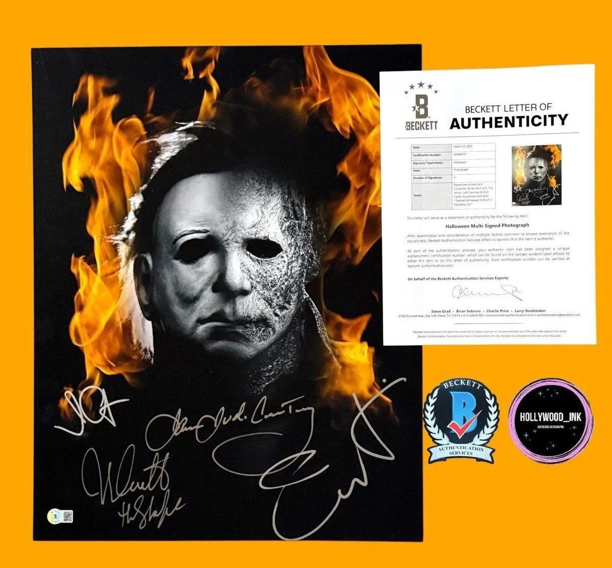 John Carpenter, Jamie Lee Curtis, Nick Castle, James Jude Courtney — JOHN CARPENTER, JAMIE LEE CURTIS +NICK CASTLE+JAMES SIGNED 16x20 PHOTO BECKETT-A