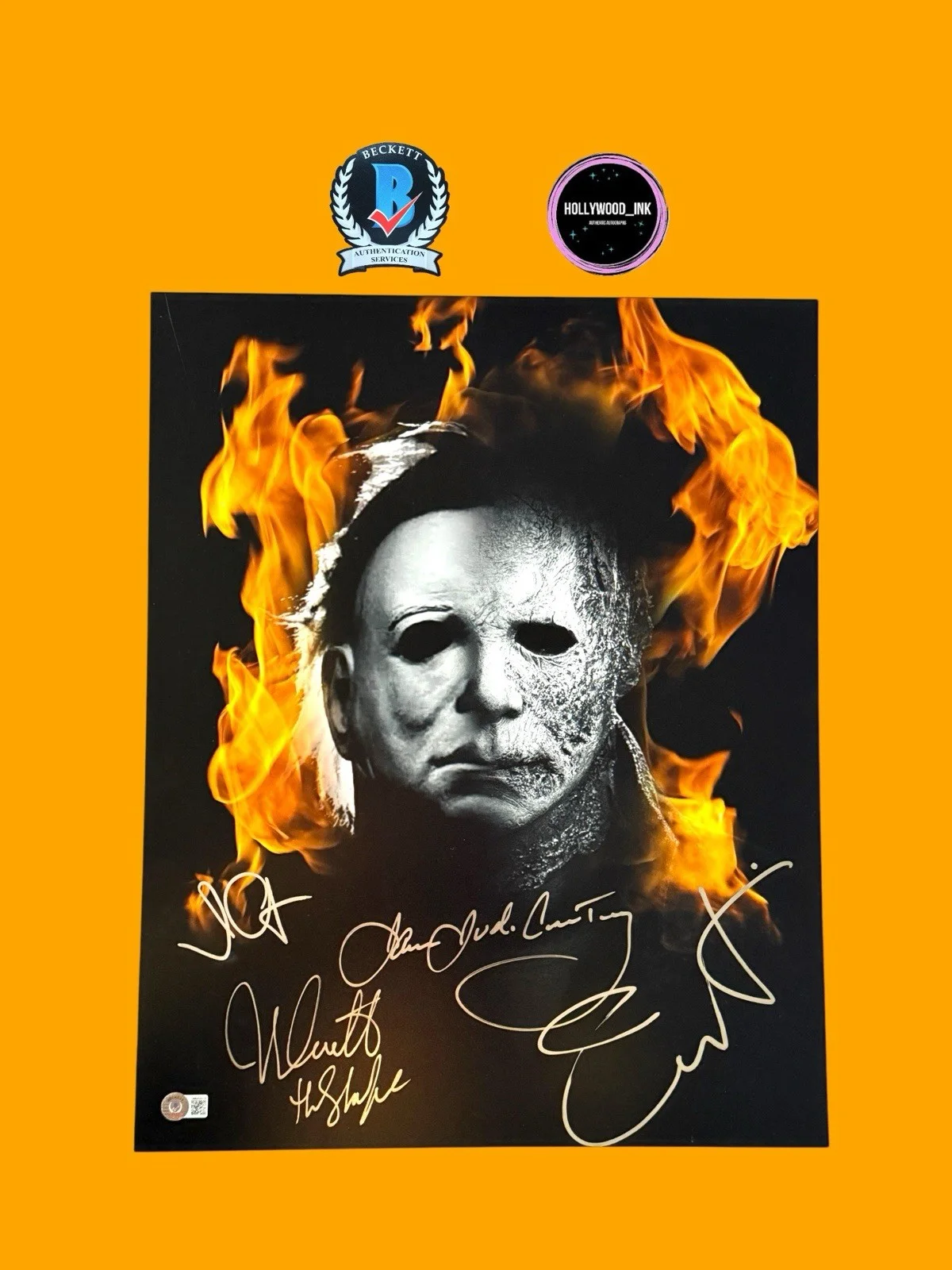 John Carpenter, Jamie Lee Curtis, Nick Castle, James Jude Courtney — JOHN CARPENTER, JAMIE LEE CURTIS +NICK CASTLE+JAMES SIGNED 16x20 PHOTO BECKETT-A, image 2