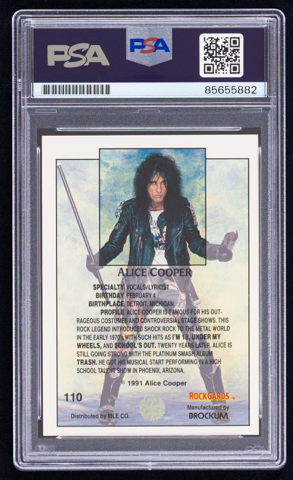 Alice Cooper Signed 1991 Brockum Rock Cards #110 (PSA) Hard Rock Metal Musician, изображение 2