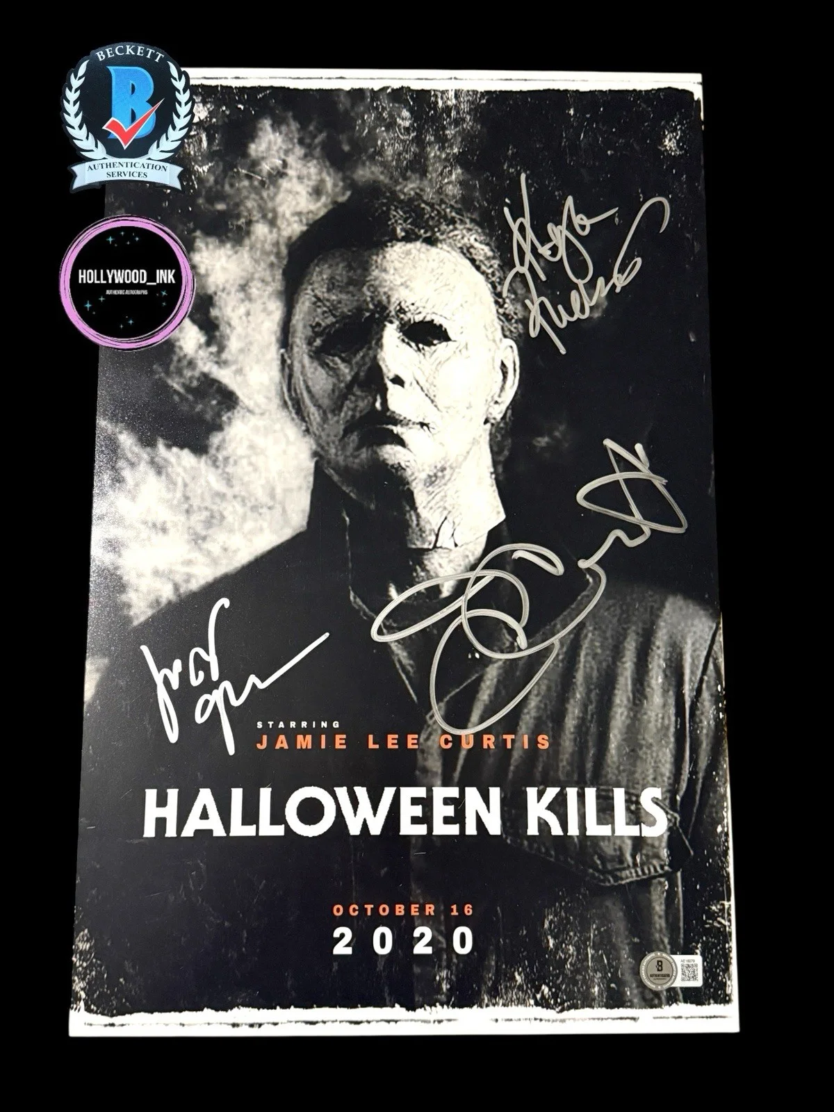 JAMIE LEE CURTIS, KYLE RICHARDS AND JUDY GREER — JAMIE LEE CURTIS, KYLE RICHARDS AND JUDY GREER SIGNED HALLOWEEN 11x17 PHOTO BAS