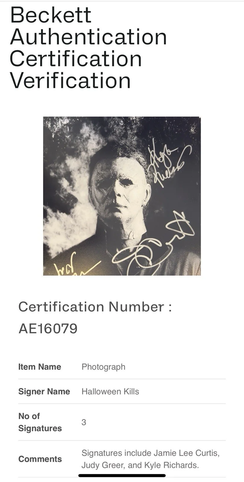 JAMIE LEE CURTIS, KYLE RICHARDS, JUDY GREER — JAMIE LEE CURTIS, KYLE RICHARDS AND JUDY GREER SIGNED HALLOWEEN 11x17 PHOTO BAS, image 5