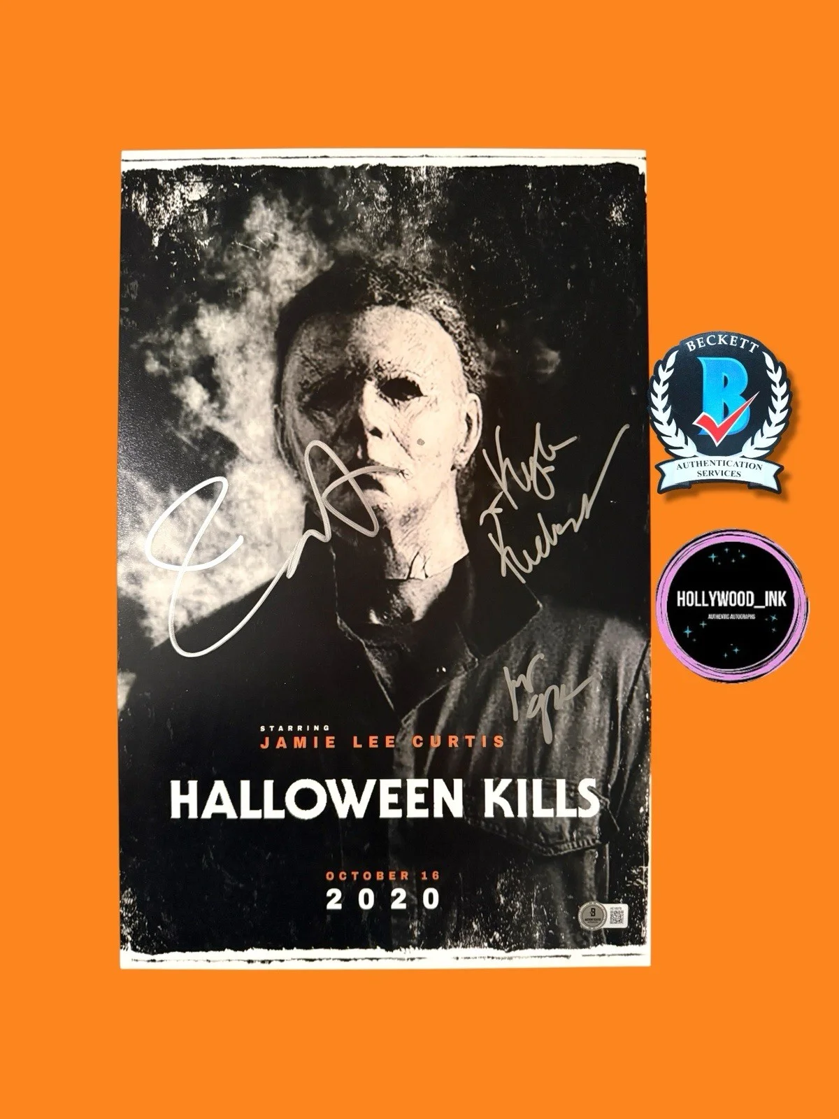 JAMIE LEE CURTIS, KYLE RICHARDS AND JUDY GREER — JAMIE LEE CURTIS,KYLE RICHARDS AND JUDY GREER SIGNED HALLOWEEN 11x17 PHOTO BAS-B