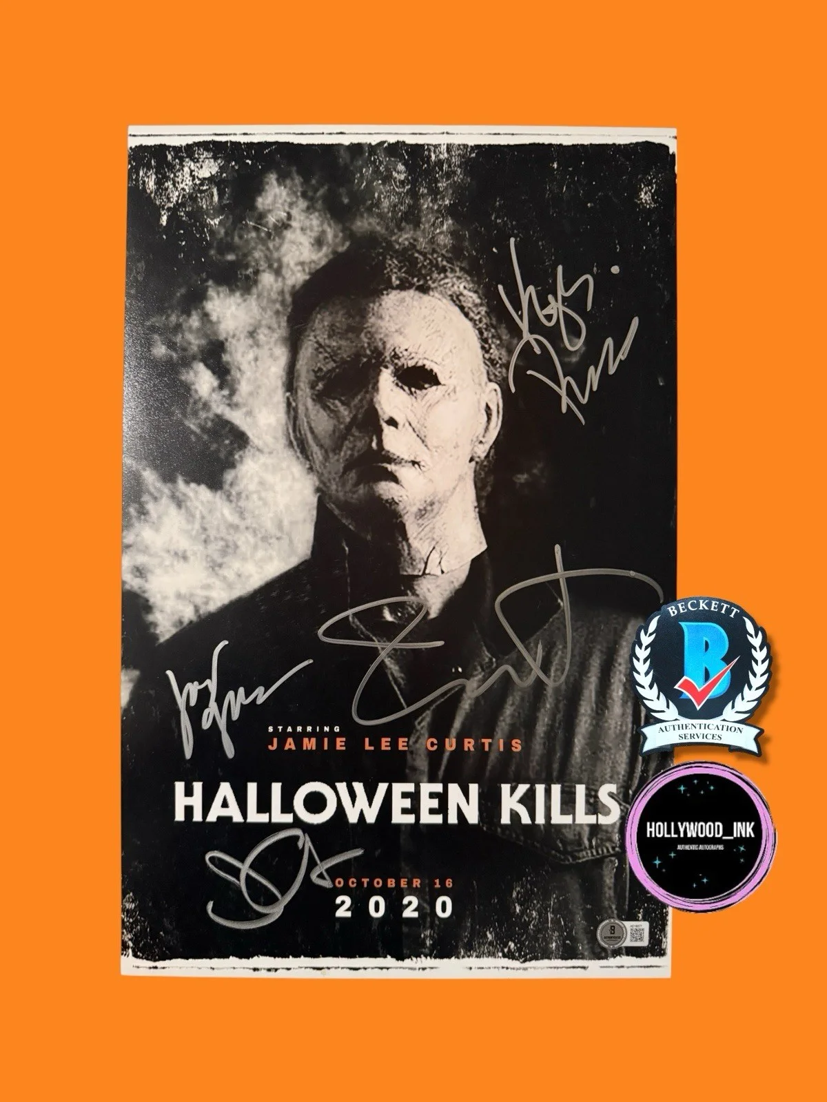 Jamie Lee Curtis, John Carpenter, Kyle Richards and Judy Greer — JAMIE LEE CURTIS,JC, KYLE RICHARDS JUDY GREER SIGNED HALLOWEEN 11x17 PHOTO BAS-C