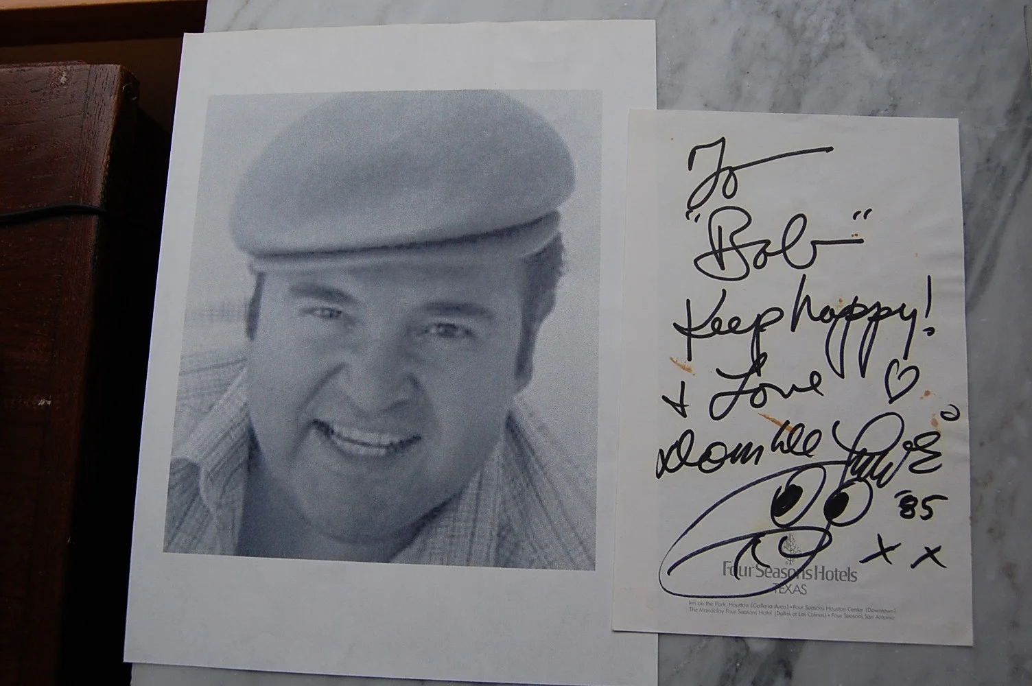 Dom Deluise — Dom DeLuise signed doodle with dedication on Four seasons hotel paper dated 1985