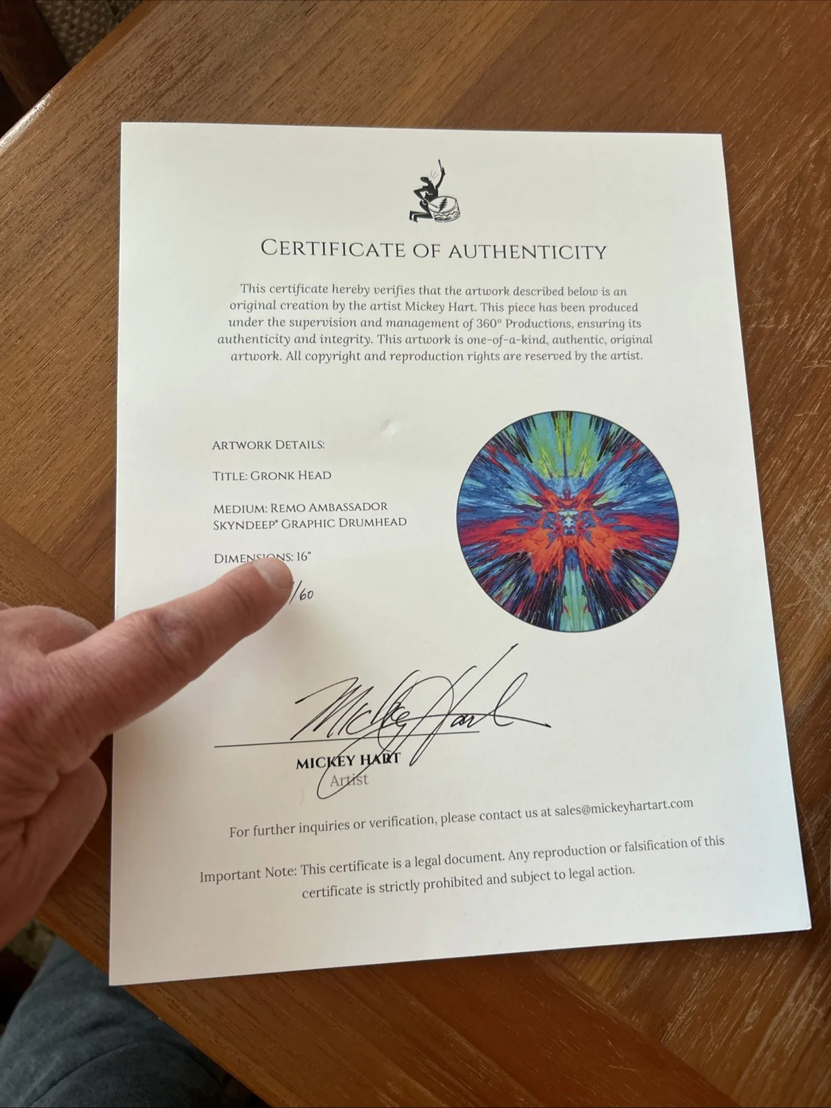 Mickey Hart of Grateful Dead, (Dead & Co) Signed & #/60 Drum Head 16” w/COA, изображение 2