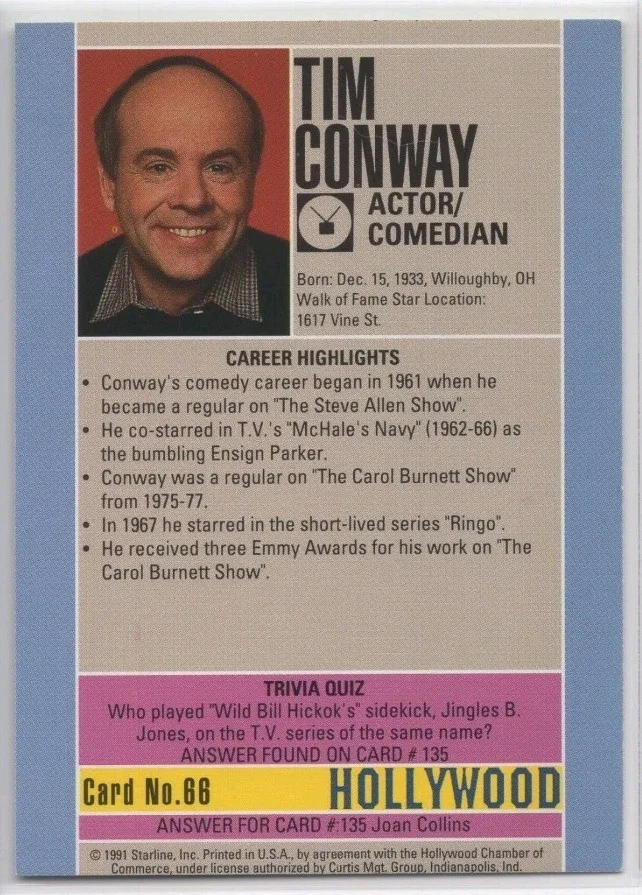 TIM CONWAY — TIM CONWAY 1991 STARLINE HOLLYWOOD SIGNED AUTOGRAPHED CARD #66, изображение 2
