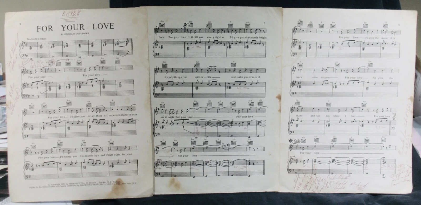 THE YARDBIRDS~Autographed FOR YOUR LOVE Sheet Music By Jim McCarty & Chris Dreja, изображение 2