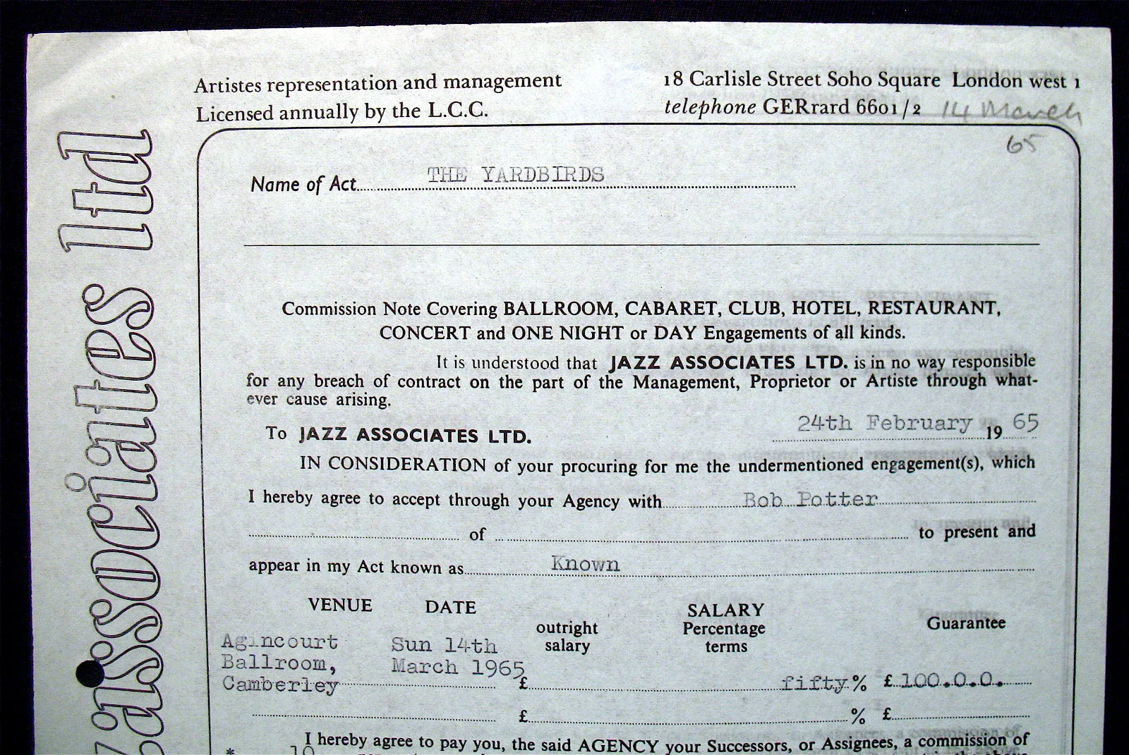 THE YARDBIRDS-Mega Rare 1965 Signed Concert Contract-Eric Clapton-Jeff Beck, image 3